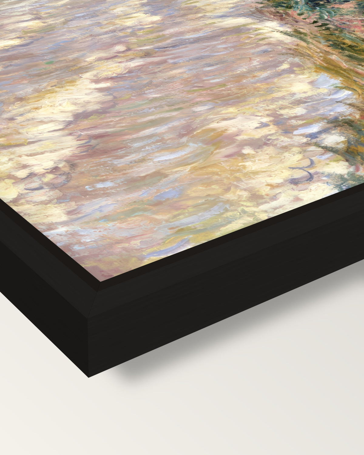 Rising Tide at Pourville by Monet framed canvas, corner close-up: a black floating frame with a shadow gap round the canvas