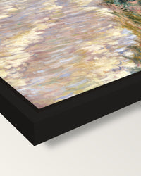 Rising Tide at Pourville by Monet framed canvas, corner close-up: a black floating frame with a shadow gap round the canvas