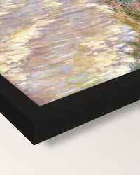 Rising Tide at Pourville by Monet framed print, corner close-up: black moulding, mitred, the print set just below its edge