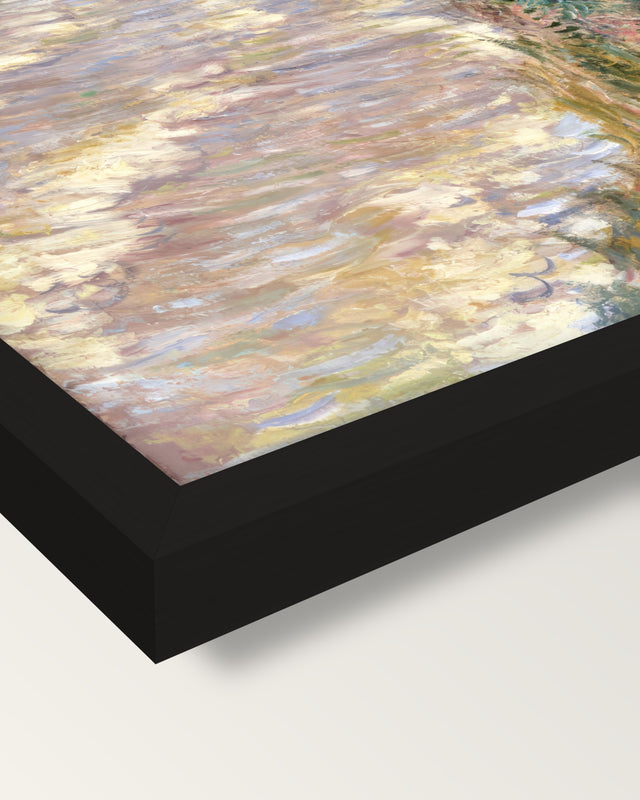 Rising Tide at Pourville by Monet framed print, corner close-up: black moulding, mitred, the print set just below its edge