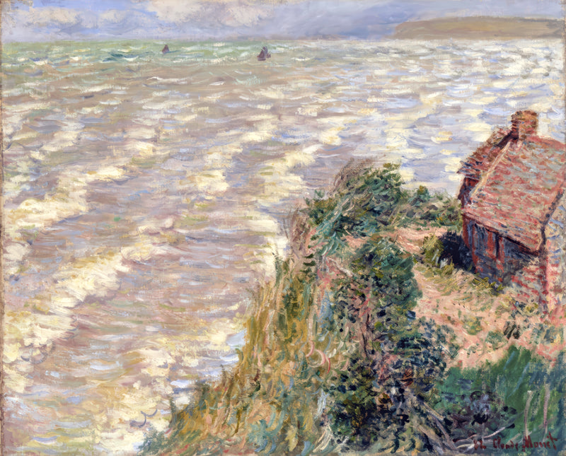 Rising Tide at Pourville by Claude Monet: rough grey-green waves below a grassy cliff with a small red-roofed house