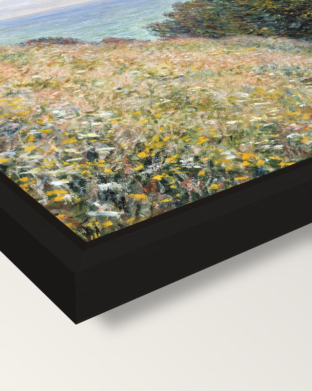 Road at La Cavée by Claude Monet framed canvas, corner close-up: a black floating frame with a shadow gap round the canvas