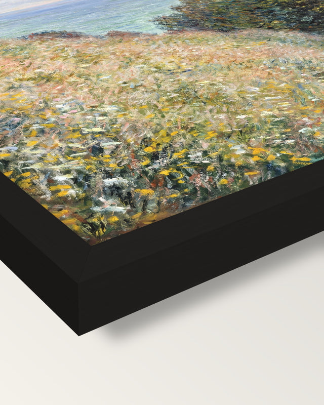 Road at La Cavée by Claude Monet framed print, corner close-up: black moulding, mitred, the print set just below its edge