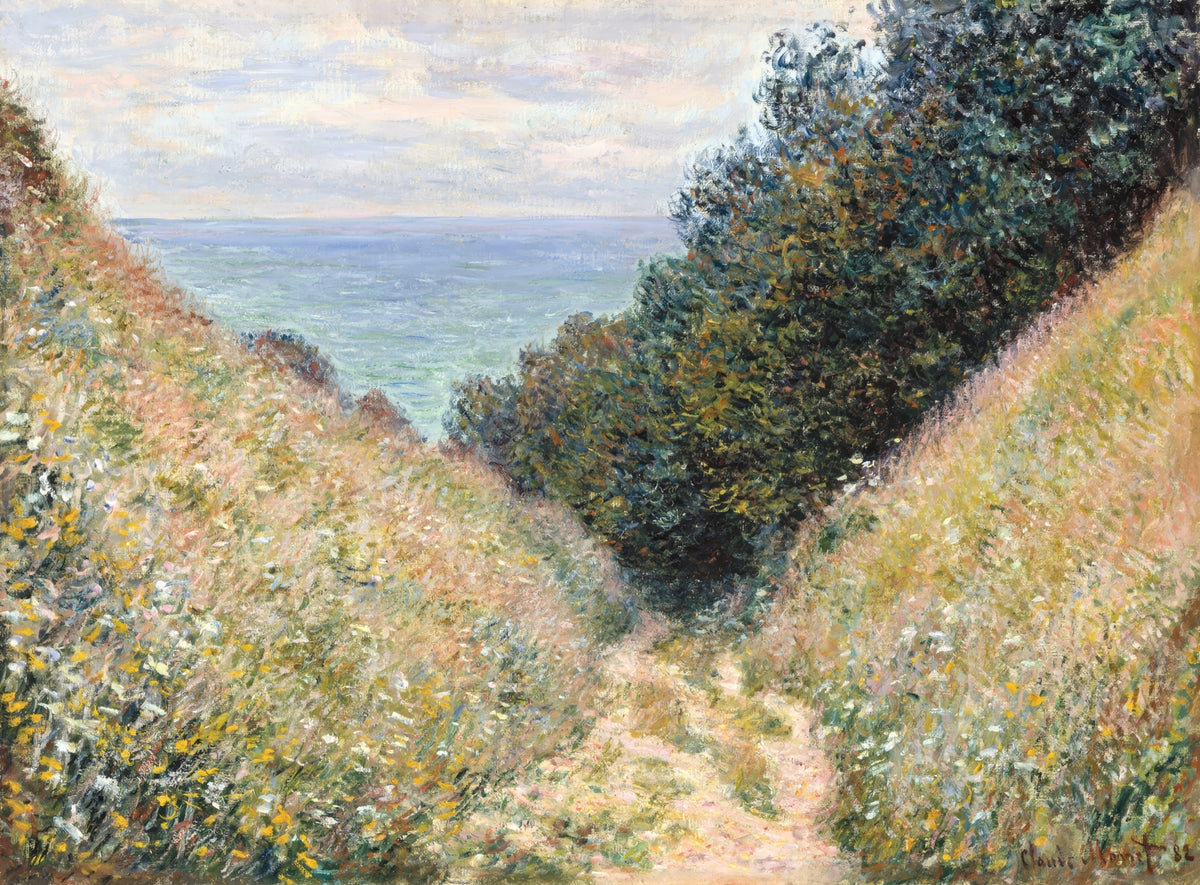 Road at La Cavée, Pourville by Claude Monet: a sandy path between steep grassy banks and trees leading down to a blue sea