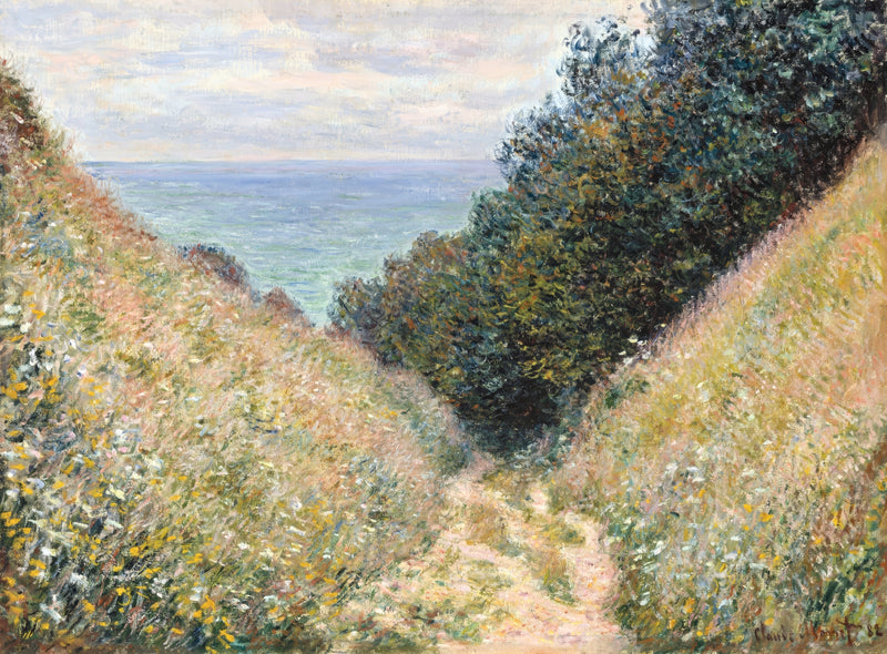 Road at La Cavée, Pourville by Claude Monet: a sandy path between steep grassy banks and trees leading down to a blue sea
