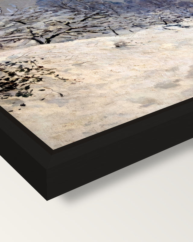 Saint-Siméon Farm in Winter framed canvas, corner close-up: a black floating frame with a shadow gap round the canvas