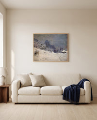 Saint-Siméon Farm in Winter by Claude Monet framed in natural oak above a cream sofa in a warm living room