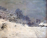 The Road in Front of Saint-Siméon Farm in Winter by Claude Monet: a snowy road with cart tracks past a barn and snowy trees