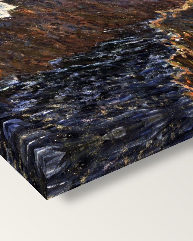 Rocks at Belle-Isle by Claude Monet on stretched canvas, corner close-up: the painting mirror-wrapped round the sides