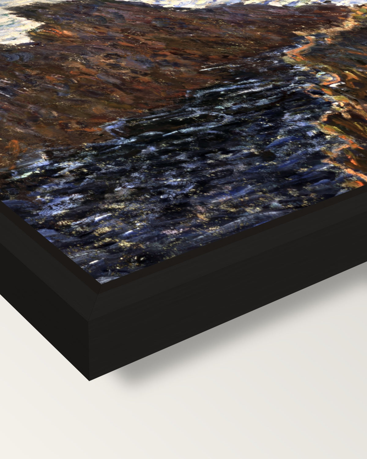 Rocks at Belle-Isle by Claude Monet framed canvas, corner close-up: a black floating frame with a shadow gap round the canvas