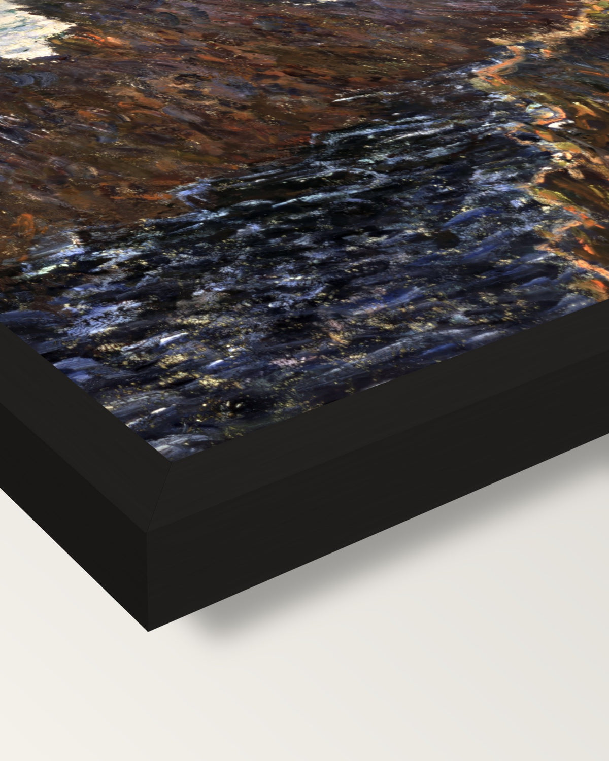 Rocks at Belle-Isle by Claude Monet framed print, corner close-up: black moulding, mitred, the print set just below its edge