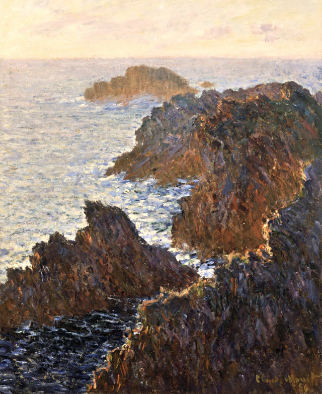 Rocks at Belle-Isle by Claude Monet: dark jagged rocks rising from a rough blue-green sea under a pale sky