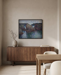 Rocks at Port-Goulphar, Belle-Île by Claude Monet in a black frame above a walnut sideboard in a dining room