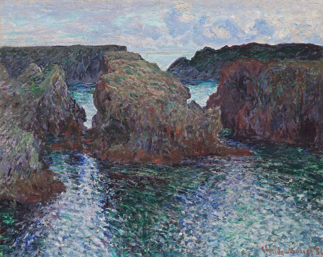 Rocks at Port-Goulphar, Belle-Île by Claude Monet: dark jagged rocks rising from a churning blue-green sea