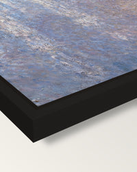 Rouen Cathedral, Morning by Monet framed canvas, corner close-up: a black floating frame with a shadow gap round the canvas