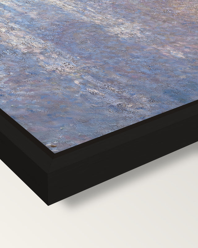 Rouen Cathedral, Morning by Monet framed canvas, corner close-up: a black floating frame with a shadow gap round the canvas