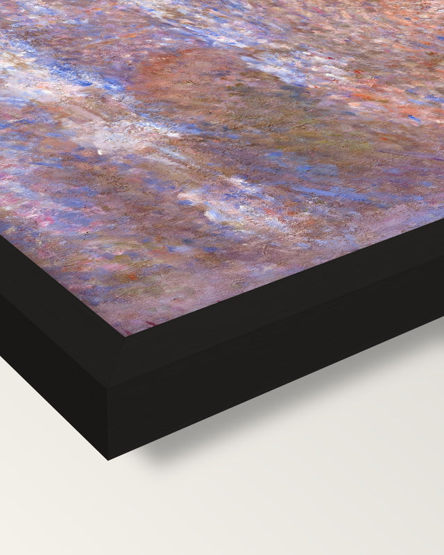 Rouen Cathedral, Façade by Monet framed print, corner close-up: black moulding, mitred, the print set just below its edge