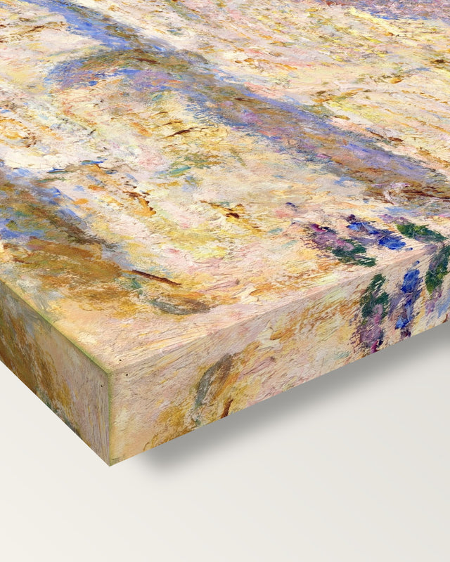 Rouen Cathedral, Sunlight by Claude Monet on stretched canvas, corner close-up: the painting mirror-wrapped round the sides