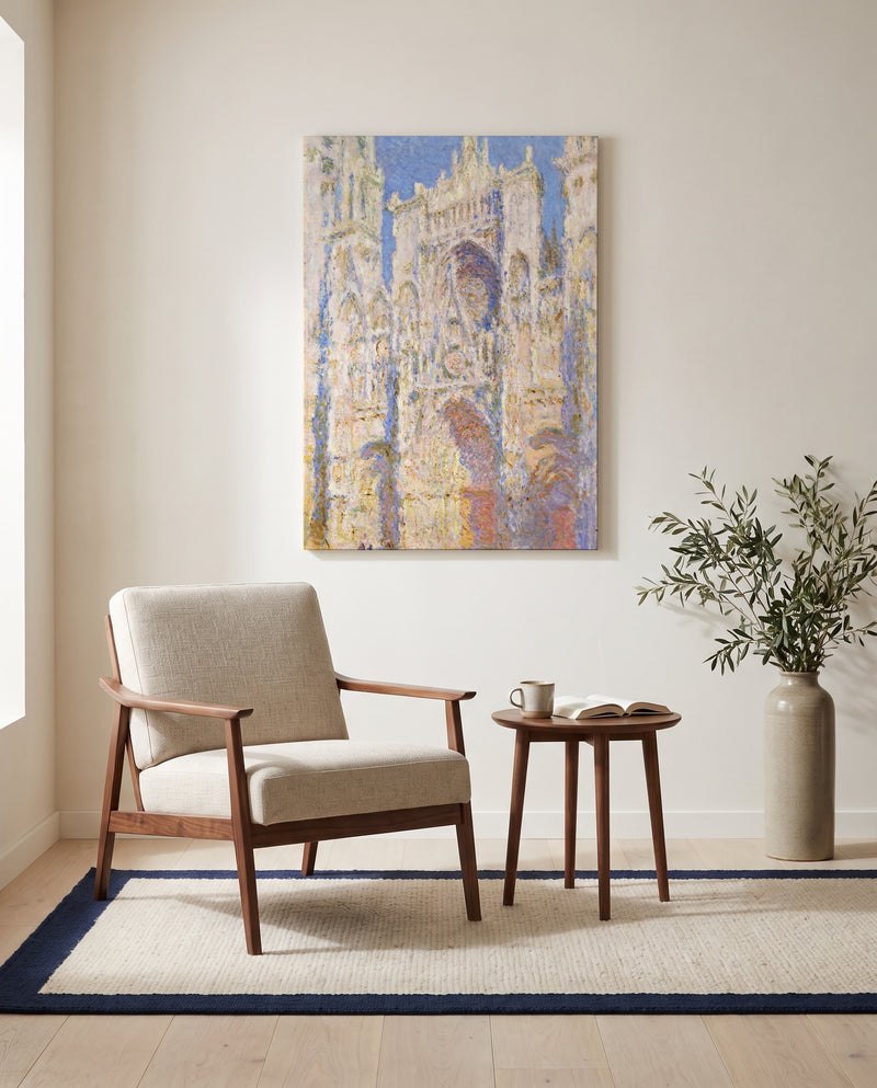 Rouen Cathedral, Sunlight by Claude Monet as a stretched canvas above a linen lounge chair in a reading corner