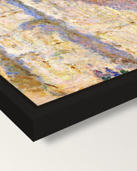Rouen Cathedral, Sunlight by Monet framed canvas, corner close-up: a black floating frame with a shadow gap round the canvas