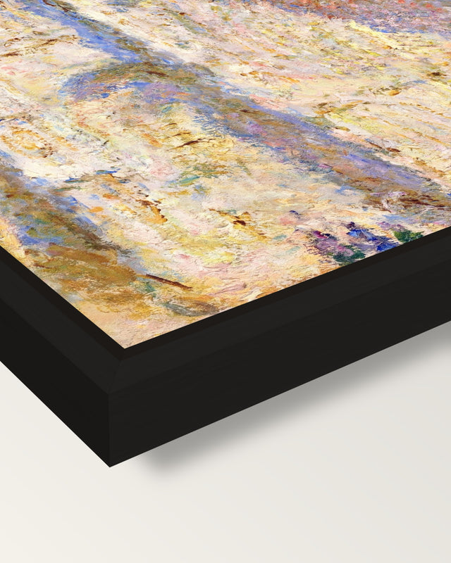 Rouen Cathedral, Sunlight by Monet framed canvas, corner close-up: a black floating frame with a shadow gap round the canvas
