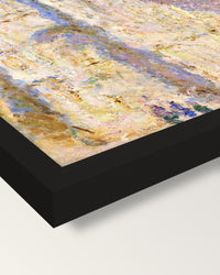 Rouen Cathedral, Sunlight by Monet framed print, corner close-up: black moulding, mitred, the print set just below its edge