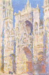 Rouen Cathedral, Sunlight by Claude Monet: the Gothic cathedral front blazing gold and orange in sunlight against blue sky