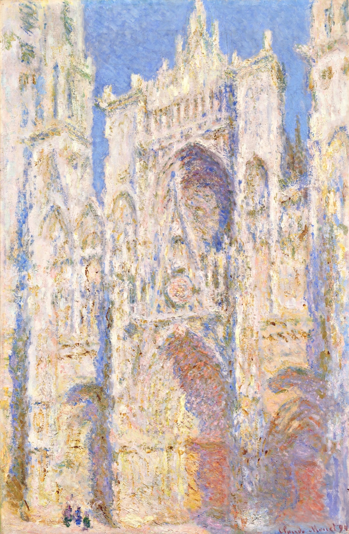 Rouen Cathedral, Sunlight by Claude Monet: the Gothic cathedral front blazing gold and orange in sunlight against blue sky