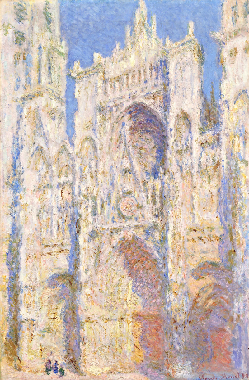 Rouen Cathedral, Sunlight by Claude Monet: the Gothic cathedral front blazing gold and orange in sunlight against blue sky