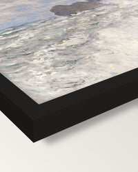 Rough Weather at Étretat by Monet framed print, corner close-up: black moulding, mitred, the print set just below its edge
