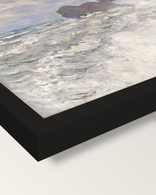Rough Weather at Étretat by Monet framed print, corner close-up: black moulding, mitred, the print set just below its edge