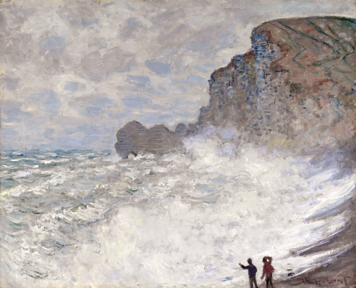 Rough Weather at Étretat by Claude Monet: big white waves breaking below tall grey cliffs and an arch, two tiny figures