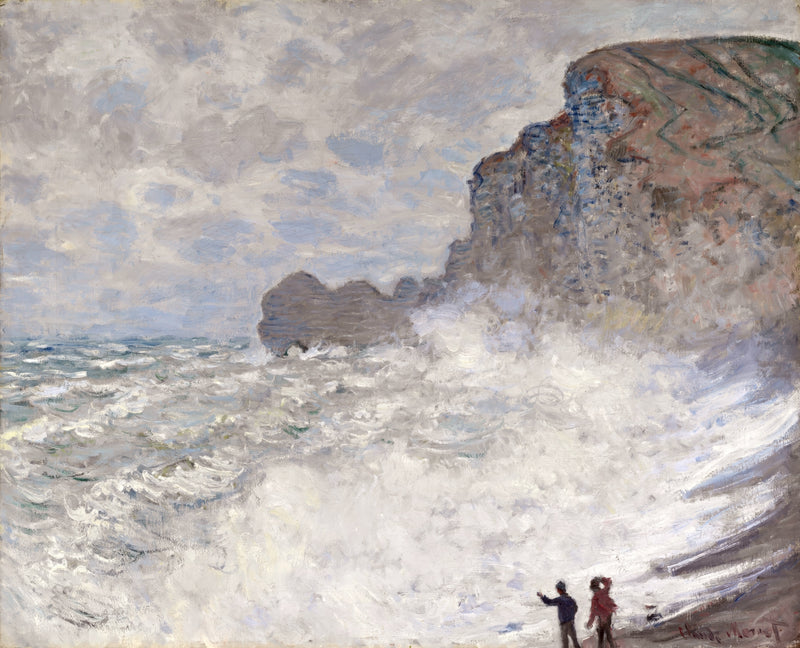 Rough Weather at Étretat by Claude Monet: big white waves breaking below tall grey cliffs and an arch, two tiny figures