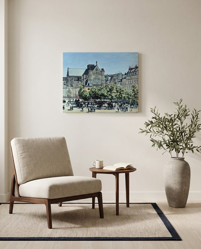 Saint-Germain-l’Auxerrois by Claude Monet as a stretched canvas above a linen lounge chair in a reading corner