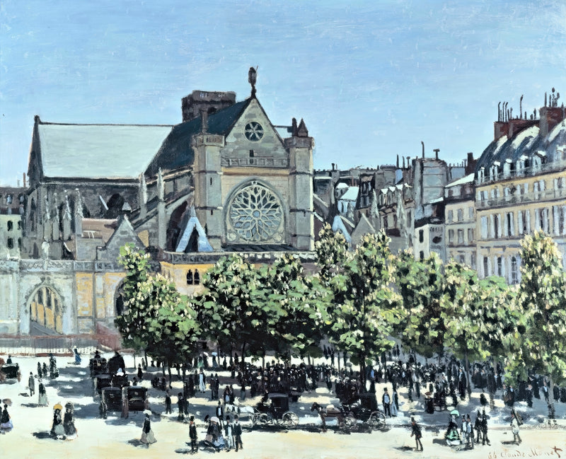 Saint-Germain-l’Auxerrois by Claude Monet: a Gothic church facade behind flowering chestnut trees, carriages in the square