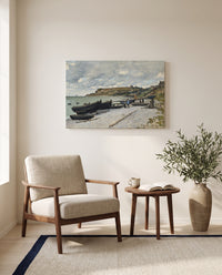 Sainte-Adresse by Claude Monet as a stretched canvas above a linen lounge chair in a reading corner