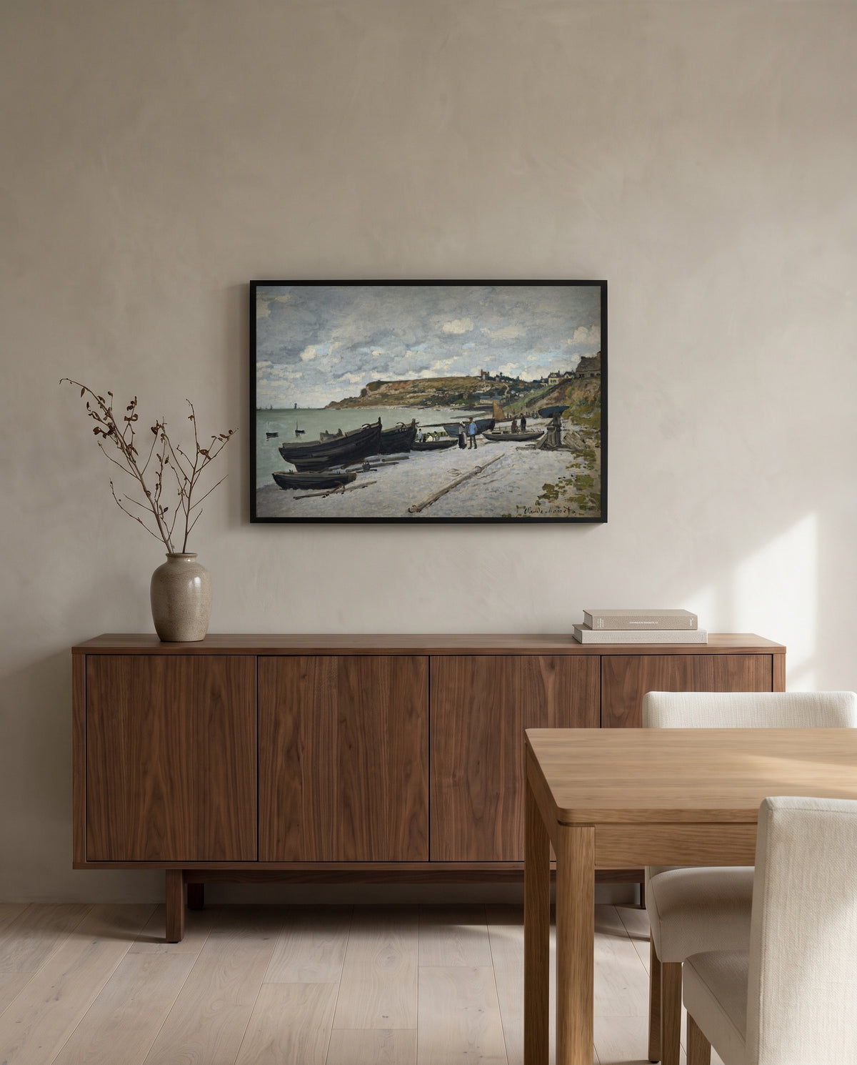 Sainte-Adresse by Claude Monet in a black frame above a walnut sideboard in a dining room