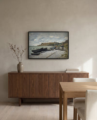 Sainte-Adresse by Claude Monet in a black frame above a walnut sideboard in a dining room