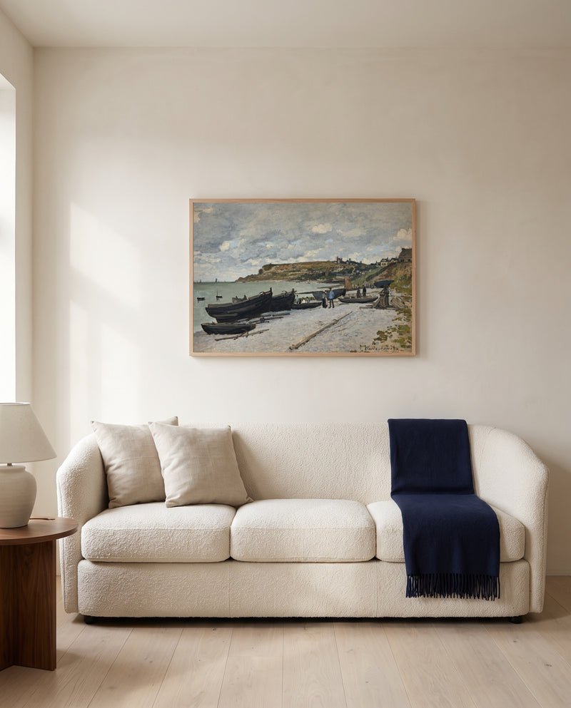 Sainte-Adresse by Claude Monet framed in natural oak above a cream sofa in a warm living room