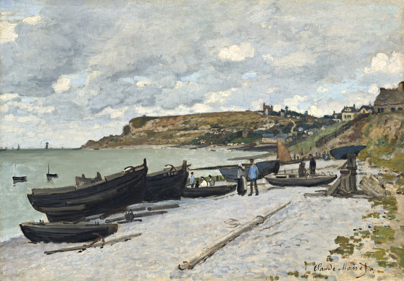 Sainte-Adresse by Claude Monet: dark fishing boats on a curving grey beach below green cliffs and a cloudy sky