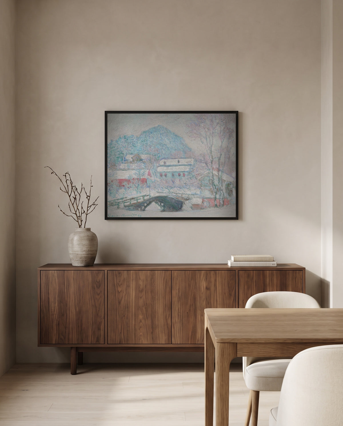 Sandvika, Norway by Claude Monet in a black frame above a walnut sideboard in a dining room