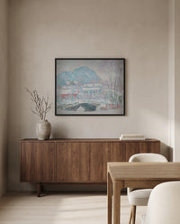 Sandvika, Norway by Claude Monet in a black frame above a walnut sideboard in a dining room