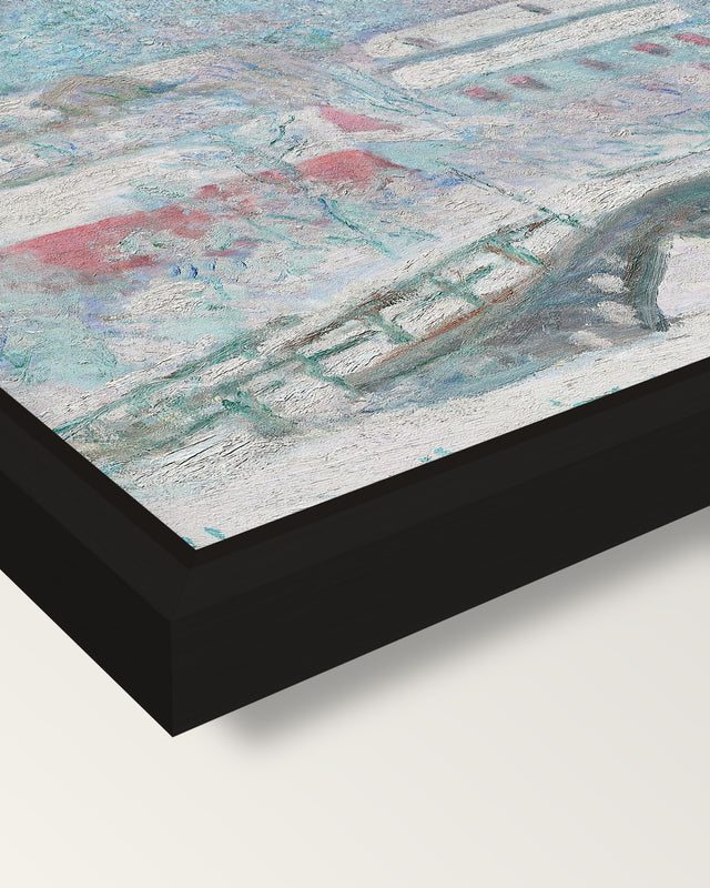 Sandvika, Norway by Claude Monet framed canvas, corner close-up: a black floating frame with a shadow gap round the canvas