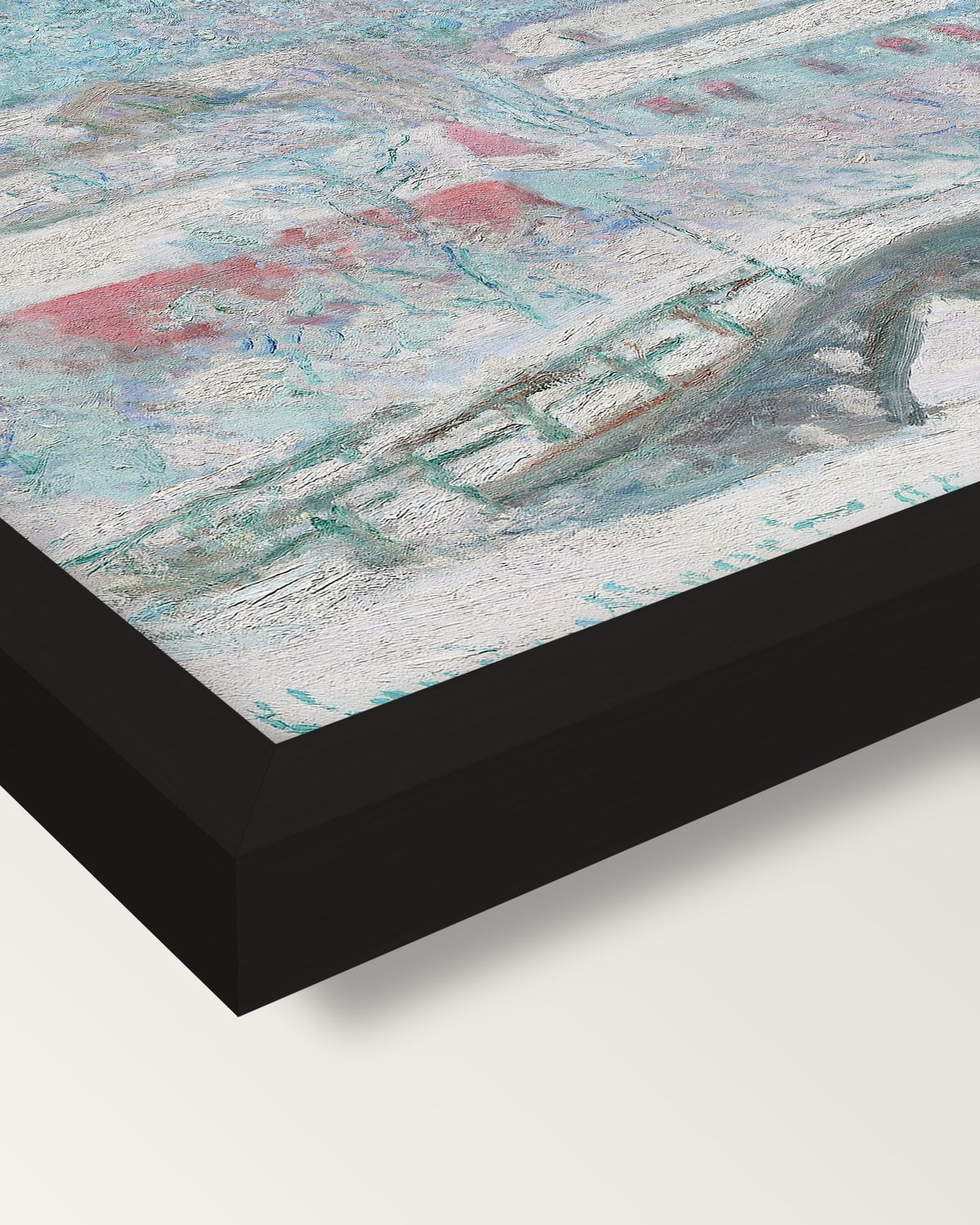Sandvika, Norway by Claude Monet framed print, corner close-up: black moulding, mitred, the print set just below its edge