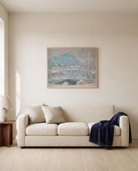 Sandvika, Norway by Claude Monet framed in natural oak above a cream sofa in a warm living room