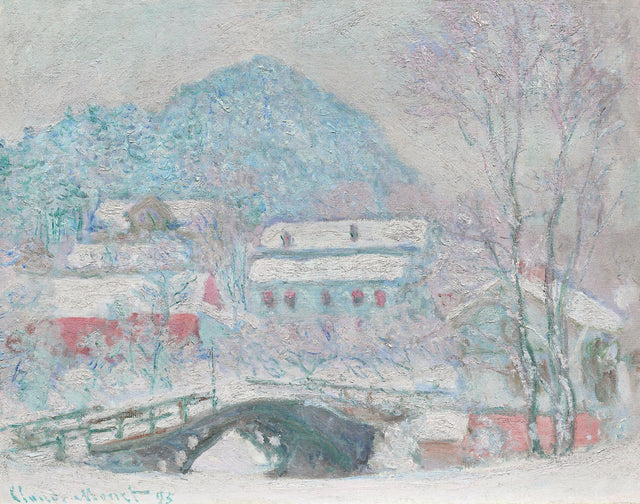 Sandvika, Norway by Claude Monet: snow-covered houses beside a frozen river, a small arched bridge, pale winter sky