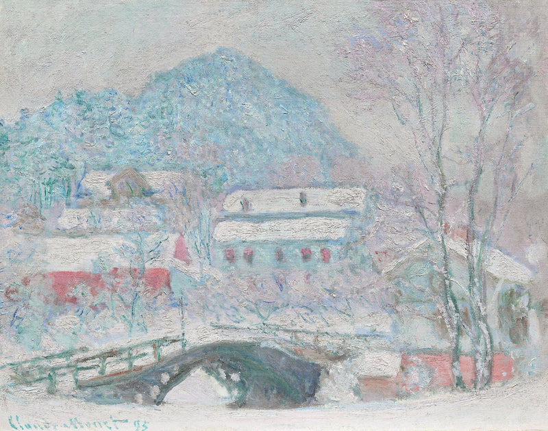 Sandvika, Norway by Claude Monet: snow-covered houses beside a frozen river, a small arched bridge, pale winter sky