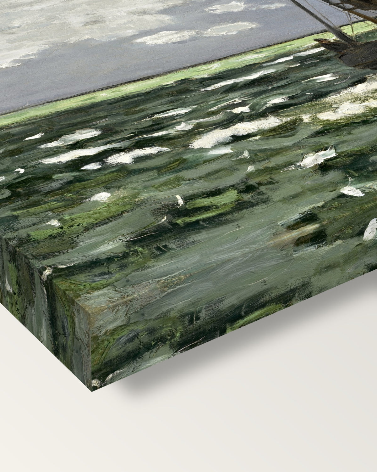 Seascape, Storm by Claude Monet on stretched canvas, corner close-up: the painting mirror-wrapped round the sides