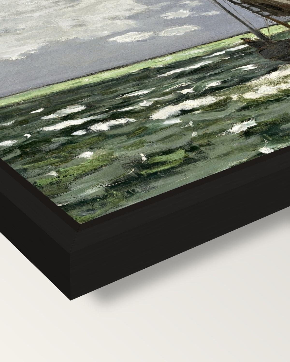 Seascape, Storm by Claude Monet framed canvas, corner close-up: a black floating frame with a shadow gap round the canvas