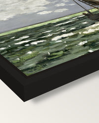 Seascape, Storm by Claude Monet framed canvas, corner close-up: a black floating frame with a shadow gap round the canvas